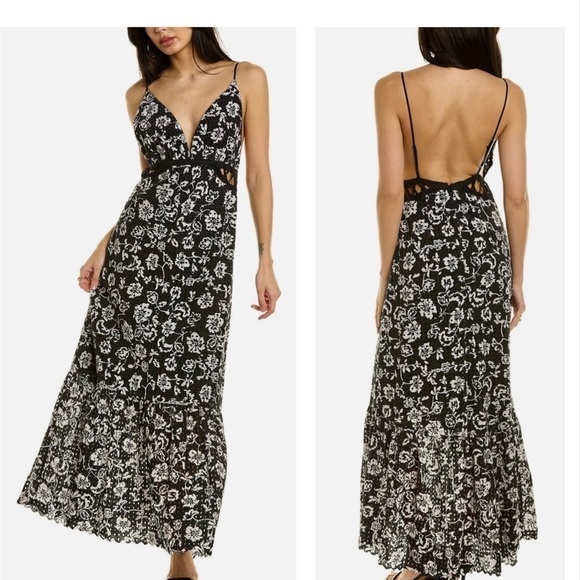 RAMY BROOK Ingrid Floral Print Eyelet Lace Cotton Cut-Out Maxi Dress size 6 NEW